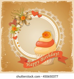 Festive colorful scrapbooking card with birthday cake, roses, decorations on the napkin and text Happy Birthday on ribbon on the vintage background. eps10.