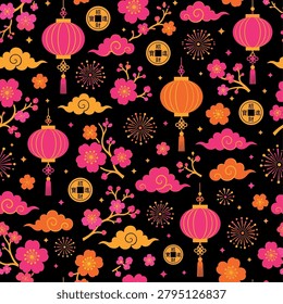 A festive and colorful seamless pattern featuring traditional Chinese New Year elements like lanterns, cherry blossoms, auspicious clouds, and coins on a black background