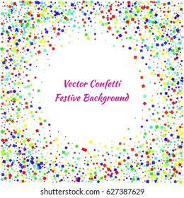Festive colorful square confetti background. Vector illustration for decoration of holidays, postcards, posters, websites, carnivals, birthday and children's parties.