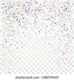 Festive colorful star confetti background. Ecstatic vector illustration. Rectangle vector texture for holidays, postcards, posters, websites, carnivals, birthday and children's parties.