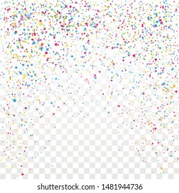 Festive colorful star confetti background. Ecstatic vector illustration. Rectangle vector texture for holidays, postcards, posters, websites, carnivals, birthday and children's parties.