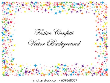 Festive colorful star confetti background. Rectangle frame vector texture for holidays, postcards, posters, websites, carnivals, birthday and children's parties. Cover mock-up.