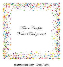 Festive colorful star confetti background. Square frame vector texture for holidays, postcards, posters, websites, carnivals, birthday and children's parties. Cover mock-up.