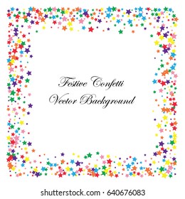 Festive colorful star confetti background. Square frame vector texture for holidays, postcards, posters, websites, carnivals, birthday and children's parties. Cover mock-up.