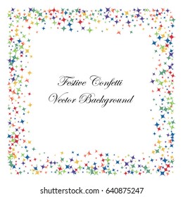 Festive colorful star confetti background. Square frame vector texture for holidays, postcards, posters, websites, carnivals, birthday and children's parties. Cover mock-up.