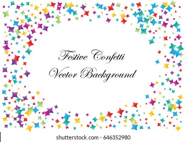 Festive colorful star confetti background. Ellipse frame vector texture for holidays, postcards, posters, websites, carnivals, birthday and children's parties. Cover mock-up.