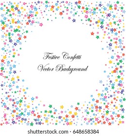 Festive colorful star confetti background. Square frame vector texture for holidays, postcards, posters, websites, carnivals, birthday and children's parties. Cover mock-up.