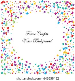 Festive colorful star confetti background. Square frame vector texture for holidays, postcards, posters, websites, carnivals, birthday and children's parties. Cover mock-up.