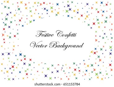 Festive colorful star confetti background. Rectangle frame vector texture for holidays, postcards, posters, websites, carnivals, birthday and children's parties. Cover mock-up.