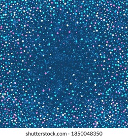 Festive Colorful Star Confetti On Blue Background. Abstract Background With Falling Star-shaped Confetti.Christmas And New Year Card, Invitation, Postcard, Paper.Magical Party Design.Vector EPS 10.