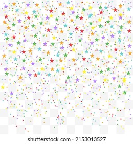 Festive colorful star confetti. Rainbow stars on transparent background. Vector illustration.