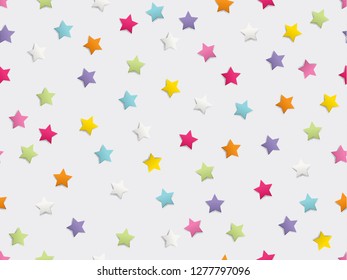 Festive colorful star confetti seamless pattern on white background. Vector illustration.