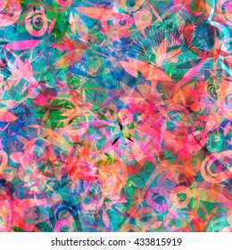 Festive colorful texture. Seamless vector floral background. Squares, stylized leaves and feathers, handmade patterns. Easy editing. For fabric, printing, wrapping, Boho design. Watercolor effect