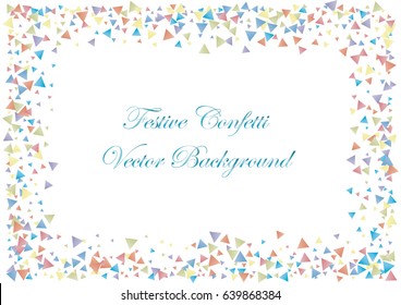 Festive colorful triangle confetti background. Rectangle frame vector texture for holidays, postcards, posters, websites, carnivals, birthday and children's parties. Cover mock-up.