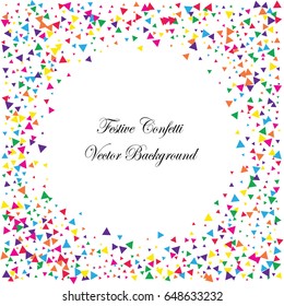 Festive colorful triangle confetti background. Square frame vector texture for holidays, postcards, posters, websites, carnivals, birthday and children's parties. Cover mock-up.