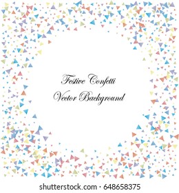 Festive colorful triangle confetti background. Square frame vector texture for holidays, postcards, posters, websites, carnivals, birthday and children's parties. Cover mock-up.
