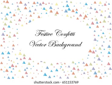 Festive colorful triangle confetti background. Rectangle frame vector texture for holidays, postcards, posters, websites, carnivals, birthday and children's parties. Cover mock-up.