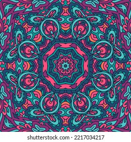 Festive Colorful Tribal ethnic seamless vector pattern ornamental psychedelic mexican art. Mandala carnival banner background