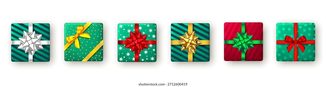 Festive colorful wrapped gift boxes with ribbons and bows.