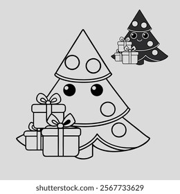 

A festive coloring page featuring a decorated Christmas tree adorned with ornaments and a shining star on top, surrounded by beautifully wrapped gift boxes in various sizes.