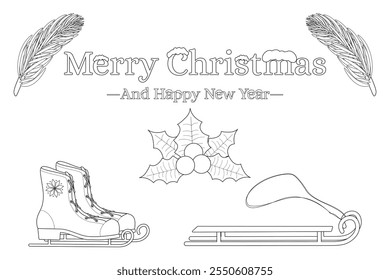 Página de coloração festiva com patins, trenó, azevinho e saudação de Natal. Perfeito para as atividades de férias de inverno para crianças.