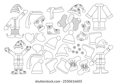 Festive coloring page featuring winter clothes like hats, gloves, boots, and coats. Perfect holiday activity for kids.