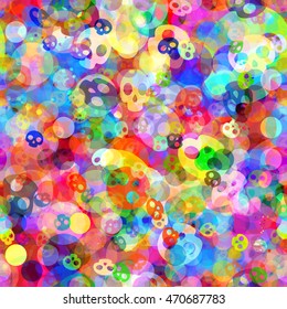 Festive colors. Colorful seamless pattern of spots and skulls for Halloween, fabrics, printing, packaging paper. Watercolor effect.