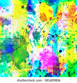 Festive colors. Rainbow splatter texture. Fun pattern. Seamless background for brochure, banner, home decor, holi celebration. Watercolor effect
