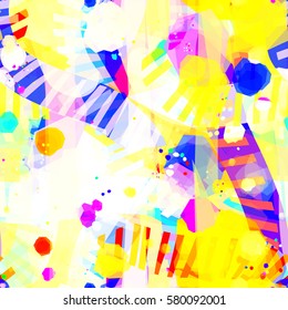 Festive colors. Strips and spots. Overlap, overlay, transparency. Abstract seamless vector pattern. Easy editing.