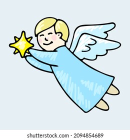 Festive, colourful vector illustration of a doodle-style Christmas angel. 