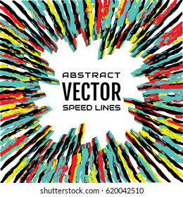 Festive comic radial multicolor speed line on white background, like fireworks or banner template. Effect power explosion illustration. Design element. Vector