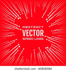 Festive comic radial speed line with stars on red background, like fireworks. Effect power explosion illustration. Design element. Vector