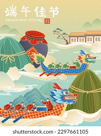 Festive competition Duanwu holiday poster. Dragon boats racing upon river with giant rice dumplings and wine urn. Text: Happy Dragon Boat Festival. May 5th. Wine.