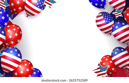 Composição festiva com atributos americanos, balões e estrelas.