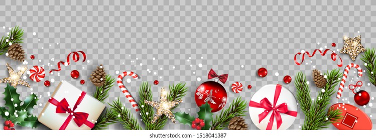 Festive composition with Christmas decorations. Balls, stars, gift boxes, fir tree branches isolated. Winter holiday banner