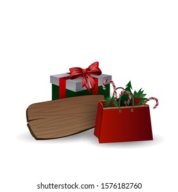 Festive composition with Christmas tree branches in a gift bag and boxes with bows on a white background.