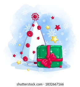 Composición festiva con un árbol de Navidad, una caja de regalo, y brillantes estrellas de oro y rojo en un fondo azul con copos de nieve. Ilustración de dibujos animados para una tarjeta de felicitación. Vacaciones de invierno.