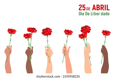 A festive composition for the Freedom Day of Portugal. A bouquet of red carnations and red and green ribbons. A symbol of Victory and Revolution. Translation of the text: April 25. Freedom Day