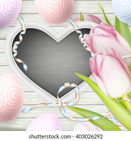 Festive composition with pink tulips, chalk board and eggs on wooden background. EPS 10 vector file included