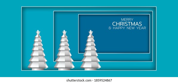 Festive composition with silver christmas trees. Merry Christmas and Happy New Year illustration. Winter holiday vector illustration. Paper cut style.