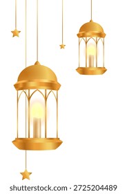 Composición festiva de tres faroles dorados de varios tamaños con adornos de estrellas colgantes, creando una atmósfera cálida.