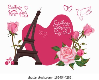 Festive composition for Valentine's Day or for a wedding. Pink roses, heart, Paris tower. The words Paris, voyage. Vector