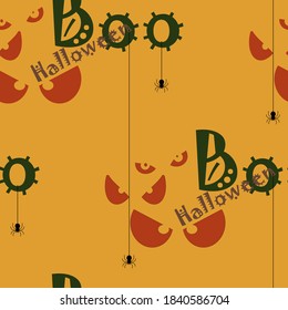 Festive concept for Halloween. Seamless color pattern with a sinister look, a spider and thematic lettering. You can use it to print greeting cards, invitations, backgrounds, wrapping paper, stickers.