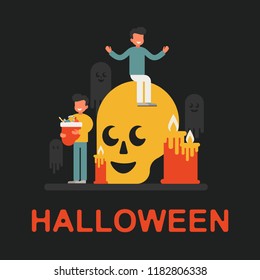 festive concept of a small character celebrating Halloween. Smiling people sitting on a big smiling skull, holding a bag of sweets, a young man with open arms. vector flat  illustration