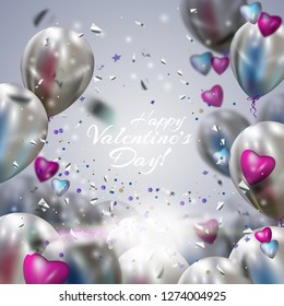 Festive concept for Valentines day. Vector holiday illustration of flying bunch of balloons, hearts and confetti. Valentines day holiday decoration.  