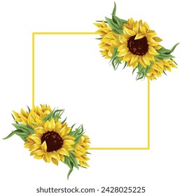 festive, conceptual poster with a square frame in the middle with open sunflower buds on either side of the frame, for cards, invitations or banners