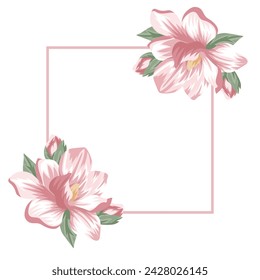 festive, conceptual poster with a square frame in the middle with open pink magnolias on either side of the frame, for cards, invitations or banners