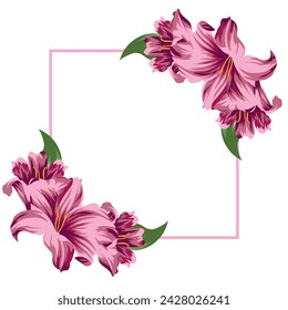 festive, conceptual poster with a square frame in the middle with open pink lilies on both sides of the frame, for cards, invitations or banners