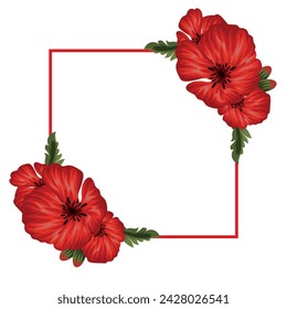 festive, conceptual poster with a square frame in the middle with open red poppies on either side of the frame, for cards, invitations or banners