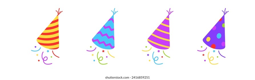 Se ponen los conos festivos. Navidad de carnaval colorida sorpresa explosiva con confetti y serpentina para la celebración del aniversario y el cumpleaños vectorial